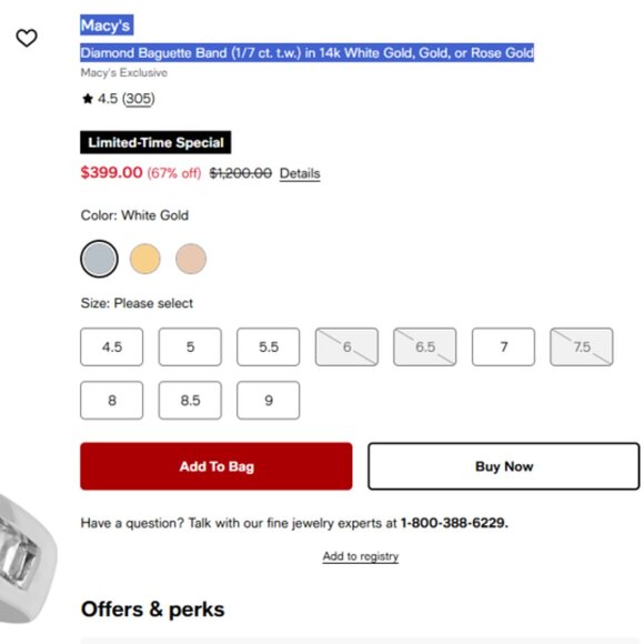 Macy's Diamond Baguette Band in White Gold - Picture 2 of 4